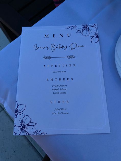 Sweet 16 Party Menu Food, 25th Birthday Dinner Party Ideas, Lunch Birthday Ideas, Menu Design For Party, Bday Menu Food Ideas, Birthday Menu Ideas For Adults Template, Fancy Menu Ideas, Sweet 16 Dinner Menu Ideas, Sweet 16 Restaurant Dinner