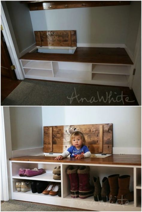 35 Space Saving DIY Hidden Storage Ideas For Every Room - 35 of the BEST DIY organizing ideas that provide hidden storage space. Includes DIY plans to create hidden storage for kitchen, bathroom, living room and bedroom. #organizing #storage #builtin #bathroom #bedroom #furniture Shoe Storage Bench Diy, Diy Hidden Storage Ideas, Shoe Storage Bench Entryway, Diy Shoe Storage, Small Laundry Room Organization, Diy Storage Bench, Room Storage Diy, Garage Furniture, Shoe Storage Bench