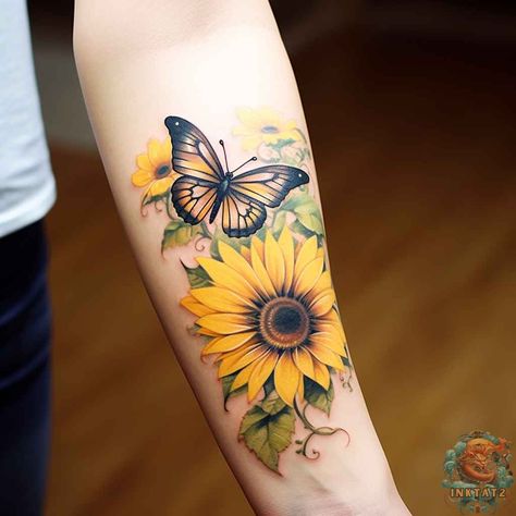 Symbolic Beauty of Sunflower and Butterfly Tattoos – 51 Designs - inktat2.com Butterfly Tattoos On Arm, Sunflower Tattoo Sleeve, Sunflower Tattoo Shoulder, Bright Tattoos, Favorite Tattoos, Butterfly Tattoos For Women, Mommy Tattoos, Tattoos For Women Flowers, Sunflower Tattoos