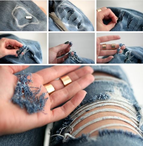 How to properly shred your jeans. This will come in handy when I fall and get a tiny hole in them lol Jean Diy, Diy Ripped Jeans, Diy Jeans, Diy Vetement, Costura Diy, Jeans Diy, Old Jeans, Diy Couture, Tutorial Diy