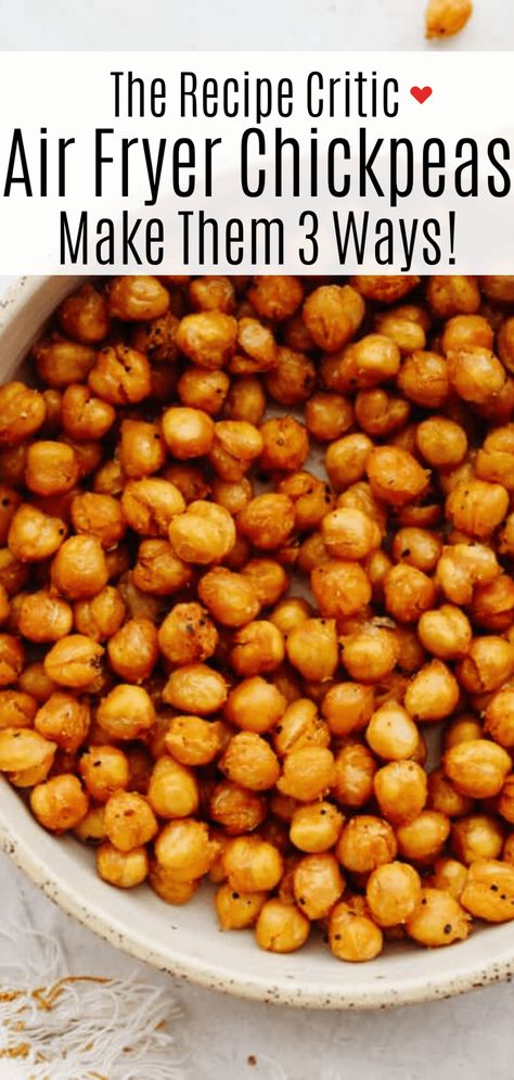 Air fryer chickpeas are crispy and flavored to perfection! With three different ways to season them, there will be a flavor for everyone. These crunchy, roasted chickpeas will become your new go-to snack! Crispy Air Fryer Chickpeas, Air Fryer Chickpeas, Vegan Chickpea Recipes, Toasted Chickpeas, Pea Snacks, New Air Fryer Recipes, Chickpea Snacks, Crispy Chickpeas, Pea Recipes