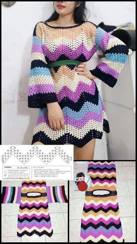 Uncinetto Zig Zag, Crochet Dress Pattern Free, Crocheted Dress, Poncho Crochet, Crochet Skirts, Crochet Ladies Tops, Crochet Clothes For Women, Crochet Fashion Patterns, Crochet Dress Pattern