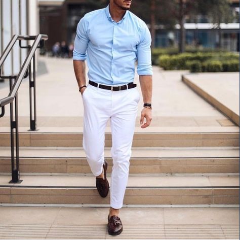 Sky Blue Shirt With White Chinos Look Sharp In Summer Sky Blue Shirt, Shirt Outfit Men, Mens Fashion Business Casual, Mens Fashion Casual Winter, Mens Fashion Business, Men Fashion Casual Shirts, Formal Mens Fashion, Short Men Fashion, Mens Fashion Smart