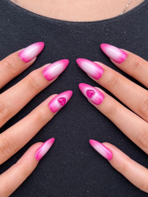 Pink airbrush nails, colour changing gems, heart nails, Valentine’s Day nails, aura nails Barbie Aura Nails, Pink Aura Nails With Gems, Heart Aura Nails, Blue And Pink Aura Nails, Aura Nails With Gems, Colour Changing Nails, Pink Nails With Gems, Aura Nails Pink, Pink Aura Nails