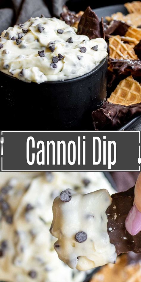 This Creamy Cannoli Dip is made with ricotta and mascarpone, and Italian cream cheese, and chocolate chips, served with waffle cone dippers. It is an easy dip that makes the BEST easy dessert recipe for parties. Best Easy Dessert, Best Easy Dessert Recipes, Cannoli Dip, Cheese And Chocolate, Cannoli Filling, Dessert Dip, Easy Dip, Italian Cream, Dessert Spread