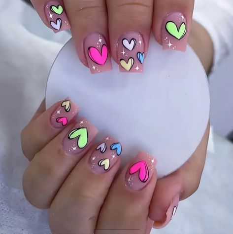 Short Length Neon Hearts Press On Nail Kit. 75 Candy Colored Nails, French Tip Unicorn Nails, Nails For 4 Th Of July, Little Kid Nails Designs, Fun Short Acrylic Nails, Halloween Kid Nails, Short Neon Nail Designs, Neon Party Nails, Acrylic Nails For Kids 9-10 Short