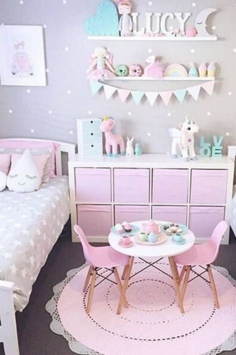 Girls Bedroom Storage, Shared Girls Room, Shared Girls Bedroom, Unicorn Bedroom, Pink Bedroom For Girls, Toddler Bedroom Girl, Big Girl Bedrooms, Toddler Girl Room