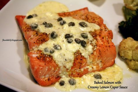 Salmon With Capers Recipe, Peppers Pasta, Salmon Capers, Garlic Asparagus, Baked Salmon Lemon, Capers Recipe, Lemon Caper Sauce, Caper Sauce, Sauce For Salmon