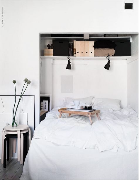 5 Cool New Decorating Tricks from IKEA Surfer Shack, Nyc Bedroom, Glamping Cabin, Bed Nook, Murphy Bed Ikea, Inside Closet, Ikea Bedroom, Bed Plans, White Sheets