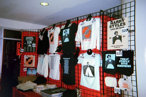 Merch Stand, Band Merch Festival Tops Pre-shrunk, Concert Merch, Merch Table Display Band, Band Merch T-shirt For Music Festival With Screen Print, Band Merch Pre-shrunk T-shirt For Concert, Band Merch T-shirt For Fan Conventions, Harry Styles Merch, Sporty Street Style