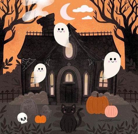 Ghost House Background, Ghost House Illustration, Mcm Halloween, Cute Haunted House Illustration, Spooky Prints, Halloween Packaging, Halloween Widget, Vintage Haunted House Illustration, Watch Backgrounds