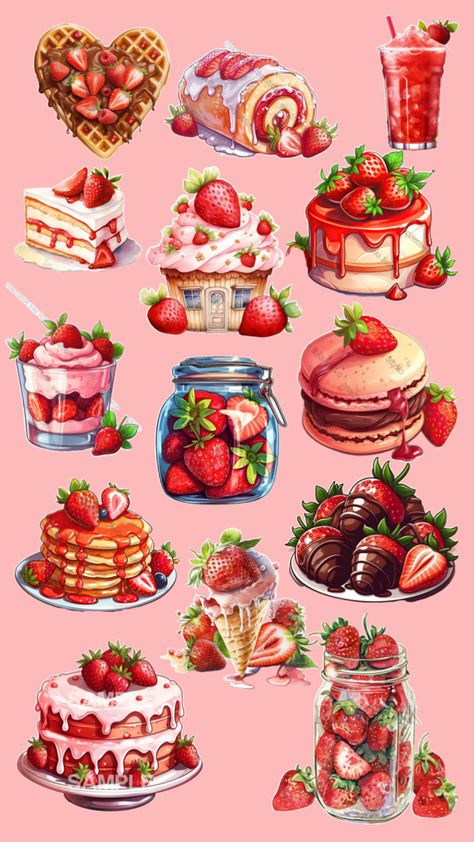 Aesthetic Strawberry, Cracked Wallpaper, Barbie Paper Dolls, Png Stickers, Easy Pixel Art, Food Clipart, Scrapbook Printing, Food Illustration Art, Cute Food Drawings