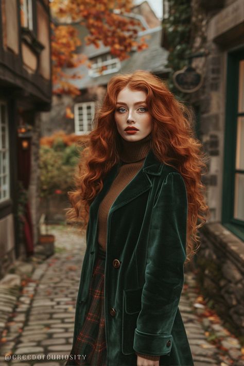 A woman with vibrant copper-red hair stands confidently on a cobblestone street surrounded by autumn leaves. She wears a deep forest green velvet coat, a chocolate brown turtleneck, and a muted plaid skirt. The rich, earthy tones and warm color palette reflect the Dark Autumn aesthetic, creating a bold and elegant fall look. Woman Fall Fashion, Dark Autumn Palette, Natural Kibbe Body Type, Flamboyant Natural Style, Long Wavy Red Hair, Flamboyant Natural Kibbe, Forest Green Coat, Green Velvet Coat, Village Aesthetic