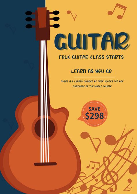 Guitar Advertisements, Guitar Training, Class Poster Design, Yellow Guitar, Poster Guitar, Guitar Classes, Admissions Poster, Class Poster, Learning Poster