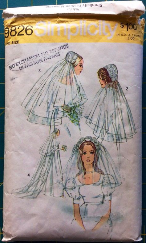 A personal favorite from my Etsy shop https://www.etsy.com/listing/273294772/simplicity-9826-vintage-bride-bridal Bridal Headpieces With Veil, Vintage Wedding Dress Pattern, Bridal Sewing Patterns, Shoulder Length Veil, Bridal Veils And Headpieces, Fabric Rosette, Retro Bridal, 1970s Sewing Patterns, Veil Headpiece