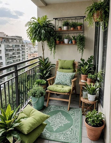 Balcony Decoration With Plants, Small Green Apartment, Cozy Balcony Ideas, Balcon Mic, Small Apartment Balcony Ideas, Balkon Decor, Small Balcony Ideas Apartment, Small Balcony Garden, Small Balcony Design