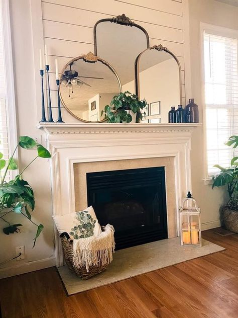 Mirrors Above Fireplace, Mirror Fireplace Mantle, Over Fireplace Decor, Mirror Over Fireplace, Mirror Above Fireplace, Farmhouse Mantle Decor, Farmhouse Mantle, Above Fireplace, Fireplace Mantle Decor