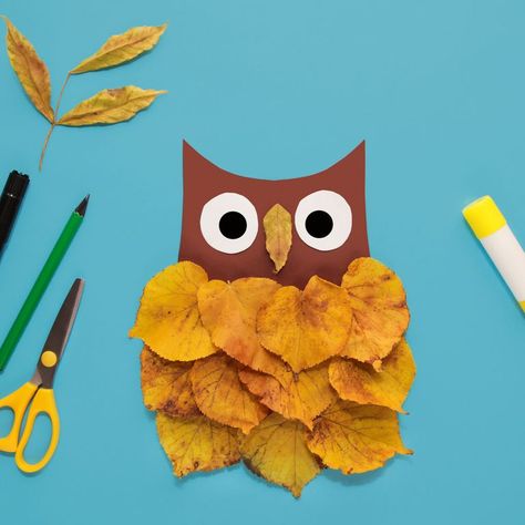 Owl Art And Craft, Autumn Handmade For Kids, Autumn Diy Kids, Owl Leaf Craft, Autumn Creative Ideas For Children, Fall Leaf Owl Craft, Autumn Leaves Animals, Fox Made Out Of Leaves, Animals With Leaves Leaf Art