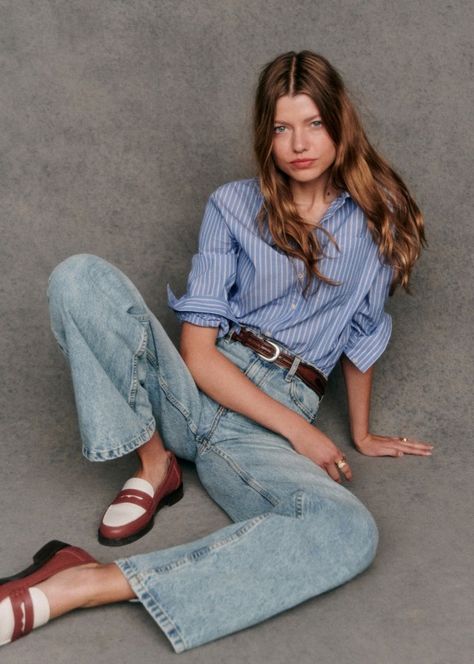 Tomboy Shirt - Blue stripes - Organic cotton - organic textile - Sézane Parisian Style, Tomboy Shirts, Cropped Trousers, Swimwear Tops, Striped Shirt, Blue Stripes, Work Outfit, Top Shirt, Autumn Fashion