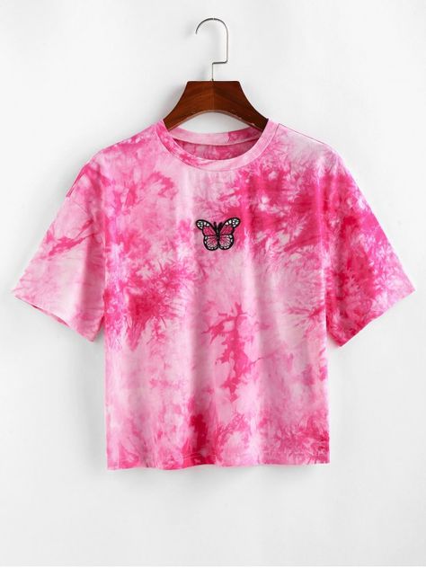 Cute Tie Dye Shirts, Bershka Outfit, Tie Dye Butterfly, Butterfly Tshirt, Butterfly Clothes, Embroidered T Shirt, Belly Shirts, Butterfly Fashion, Mushroom Lights