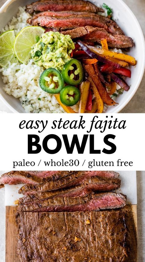 Flank Steak Burrito Bowl, Healthy Steak Fajita Bowl, Steak Bowls, Steak Bowl, Sautéed Peppers, Lime Cauliflower Rice, Healthy Steak, Chipotle Burrito, Cilantro Lime Cauliflower Rice