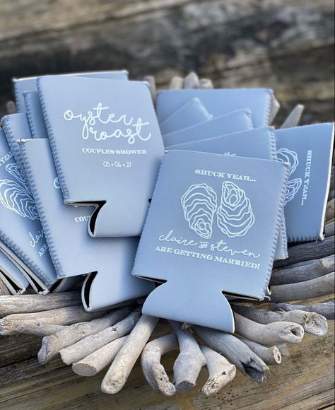 Its About Shucking Time Wedding, The World Is Your Oyster Bridal, Engagement Koozie Ideas, Oyster Roast Engagement Party Ideas, Coastal Rehearsal Dinner Ideas, Oyster Themed Engagement Party, Oyster Themed Wedding, Coastal Wedding Bridal Party, Oyster Bridal Shower Theme