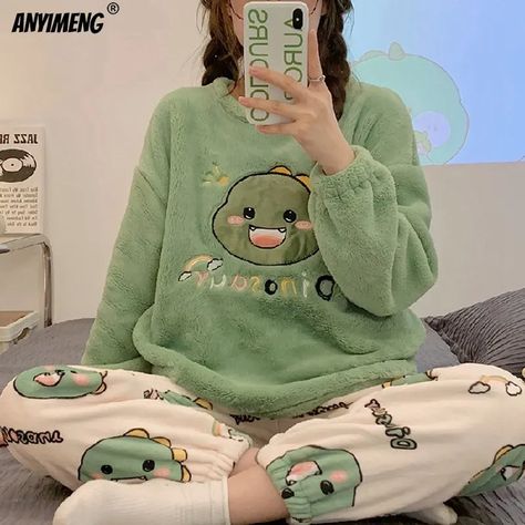 Winter Cute Duck Flannel Pajamas Set for Women Kawaiii Pattern Teddy Sleepwear for Girl Fashion Pullover Velvet Woman's Pijamas Pijamas Winter, Pijama Cute, Anime Onesie, Cute Pijamas, Pajama Shirt Dress, Animal Pajamas, Winter Pajamas, Mode Kpop, Night Suit