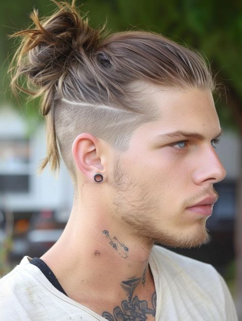 Man Bun Faded Sides, Long Hair With Faded Sides Men, Hairstyles For Undercut Long Hair, Men’s Long Hair Low Undercut, Man Bun Hairstyles Undercut, Undercut Designs Men, Boys Man Bun Haircut, Long Undercut Men, Top Knot Undercut