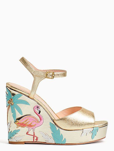 Pink Wedge Heels, Kate Spade Flamingo, Wedges Outfit, Flamingo Fashion, Checkered Shoes, Leather Jewels, Shoes Heels Classy, Footwear Design Women, Platform Wedge Sandals