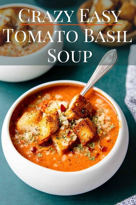 No other way to say it...this Tomato Basil Soup is crazy easy to make. It is deliciously balanced in flavors & will take about 10 mins to make, including the garlic croutons! Easy Tomato Basil Soup, Savory Soup Recipes, Hamburger Potato Soup, Garlic Croutons, Tomato Basil Soup Recipe, Creamy Tomato Basil Soup, Pantry Recipes, 2023 Recipes, Canned Tomato Soup