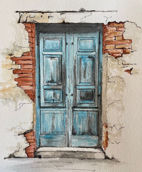 Watercolor painting Windows Watercolor Painting, Door Paintings On Canvas, Watercolor Paintings Doors And Windows, Watercolour Doors Watercolor Painting, Watercolor Doors And Windows, Painting Of A Door, Watercolour Buildings Simple, Watercolor Doorways, Watercolor Doors Paintings