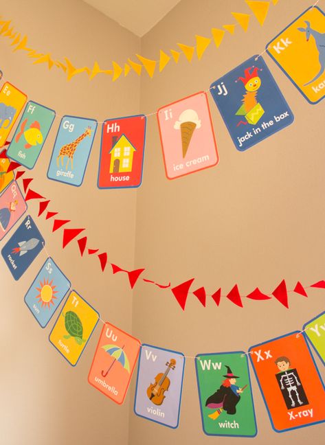 Alphabet Cards Garland Abc Theme Birthday Party, Abc Birthday Party Ideas, Alphabet Birthday Parties, Abc Birthday Parties, Card Garland, Alphabet Party, Alphabet Birthday, Alphabet Christmas, Abc Party