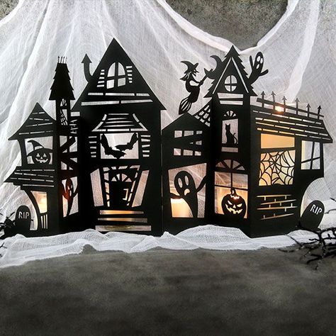 Host a spooky soiree with creative decorations like haunted manors, acrylic lanterns, and fun Cricut projects that will impress your guests this Halloween! Soiree Party Ideas, Spooky Soiree, Haunted Manor, Soiree Party, Imprimibles Halloween, Silhouette Halloween, Cricut Inspiration, Svg Laser Cut Files, Laser Cut Box