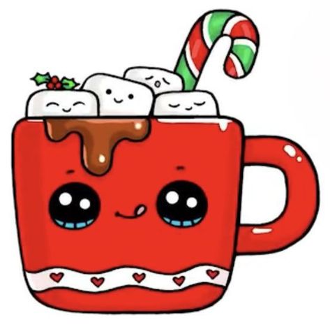 Christmas Drawing Ideas, Easy Christmas Drawings, Xmas Drawing, Christmas Decorating Ideas, Easy Cards, Easy To Draw, Christmas Hot Chocolate, Kawaii Christmas