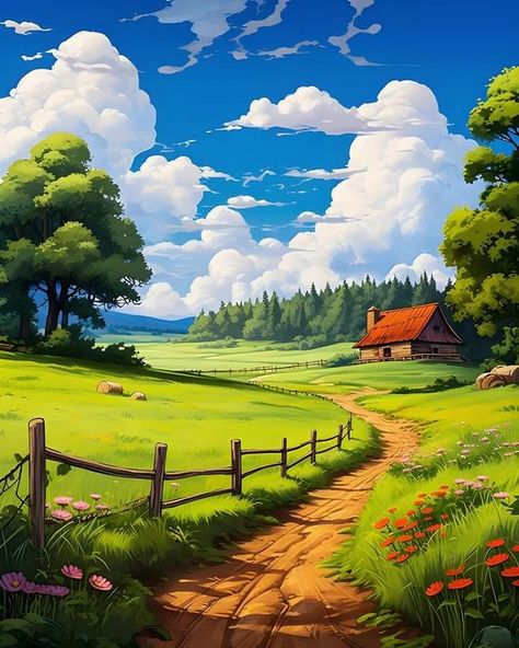 Anime Places, Farm Paintings, Countryside Landscape, Image Name, Cottage Art, Landscape Artwork, Nature Art Painting, Landscape Scenery, Rural Life