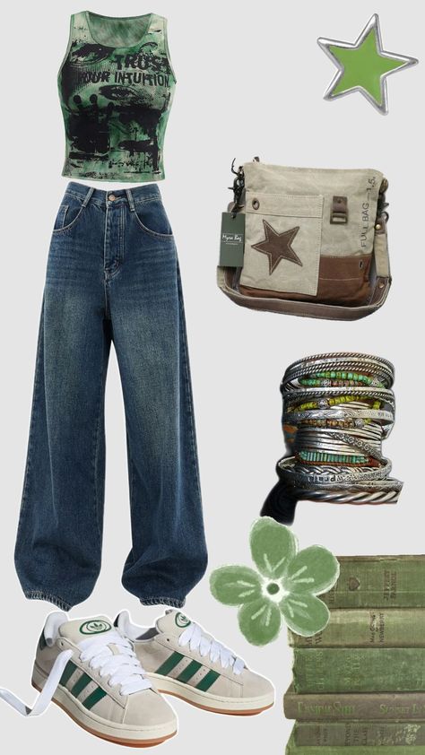 green fit 2000s Green Outfit, Y2k Fashion Green, Green Tomboy Outfits, Green Emo Outfits, Glass Animals Concert Outfit, Green Day Concert Outfit, Green Concert Outfit, Tyler Concert, Ii Characters