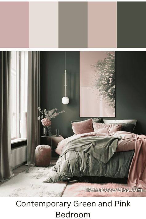 Contemporary Bedroom: Green Wall and Blush Bedding Blush Pink Feature Wall Bedroom, Emerald Green And Dusty Rose Bedroom, Dusty Pink Headboard, Bedroom Color Ideas Green, Olive Green Pink Bedroom, Pink And Mauve Bedroom, Dark Green And Pink Bedroom Aesthetic, Dark Green And Dusty Rose Bedroom, Sage Green And Dusty Pink Bedroom