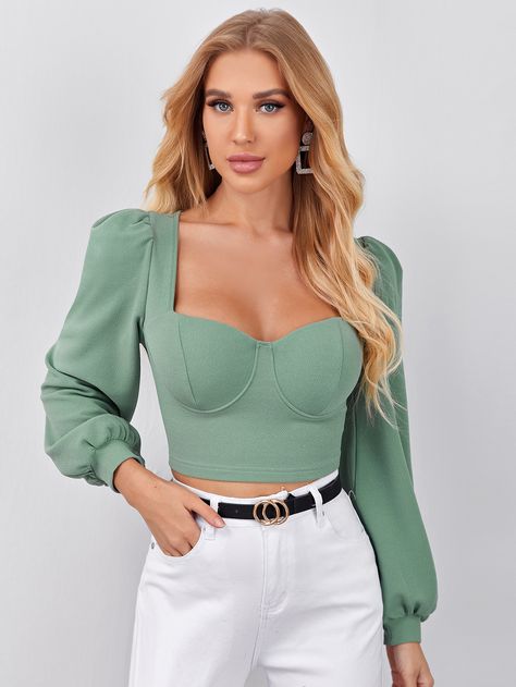 Mint Green Elegant Collar Long Sleeve Polyester Plain  Embellished Slight Stretch Spring/Fall Women Tops, Blouses & Tee Puff Sleeve Crop Top, Cropped Tops, Tracksuit Women, Green Top, Looks Chic, Crop Top Blouse, Crop Blouse, Sweetheart Neck, Crop Tops Women