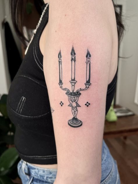 custom candelabra tattoo by jennamariontattoo Candle Holder Tattoo, Candle Stick Tattoo, Candelabra Tattoo, Candlestick Tattoo, Vessel Tattoo, Chandelier Tattoo, Goth Candles, Stained Glass Tattoo, Stick Tattoo