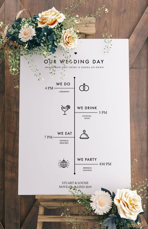 We Do We Drink We Eat We Party Sign, Easy Wedding Decorations, Wedding Program Sign, Wedding Timeline Template, Timeline Template, Modern Wedding Decor, Printable Wedding Sign, Wedding Day Timeline, Future Wedding Plans