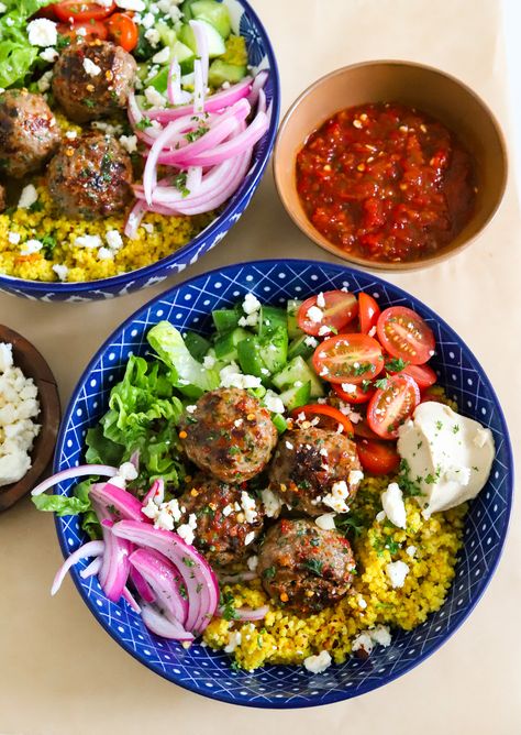 Spicy Lamb Meatballs - Cava Copycat | Moribyan Cava Spicy Lamb Meatballs Recipe, Lamb Lunch Ideas, Cava Lamb Meatballs, Mediterranean Lamb Meatballs, Ground Lamb Bowl, Copycat Cava Recipes, Copycat Cava Bowl, Cava Copycat Recipe, Cava Recipes