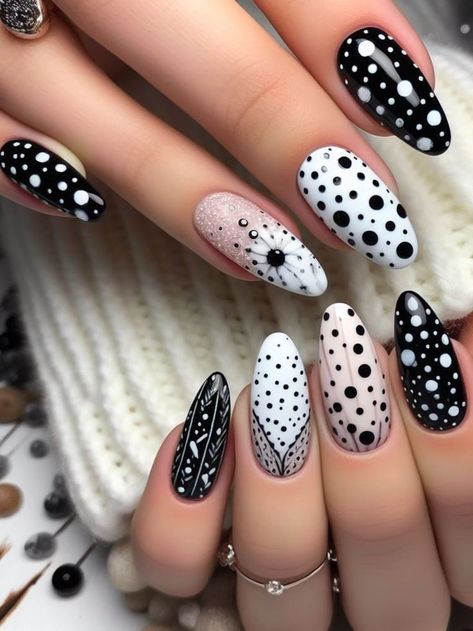 A whimsical black and white nail design featuring tiny polka dots and playful patterns, adding a touch of fun to the fingertips Black And White Dot Nails, Polka Dots Nails, Black And White Nail, Black And White Nail Designs, Polka Dot Nail Designs, Yellow Nails Design, Popular Nail Art, Sleep Token, Daisy Nails