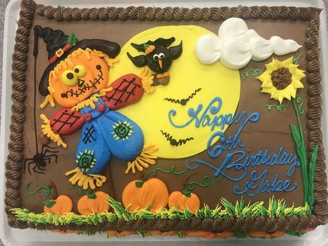 Scarecrow Cake Ideas, Cake Designs Sheet Cake, Fall Sheet Cakes Decorated, Halloween Sheet Cakes, Fall Decorated Cakes, Fall Sheet Cake, Crow Cake, Halloween Sheet Cake, Fall Cake Designs