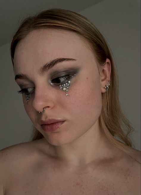 Silver Tears Makeup, Rhinestone Tears Makeup, Rhinestone Tears, Tears Makeup Look, Sleepover Makeup, Glitter Tears Makeup, Tear Makeup, Ghost Concert, Tears Makeup