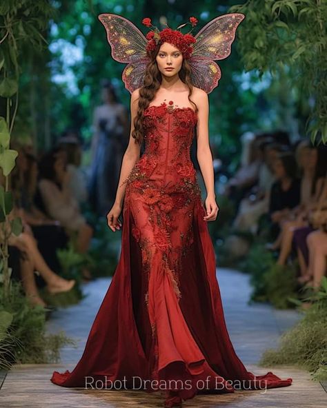 Flame Inspired Dress, Red Ethereal Dress, Red Fairytale Dress, Red Fairy Aesthetic, Mystical Dresses Fairytale, Filipina Debut, Red Fairy Dress, Fairy Gown, Red Ball Gowns