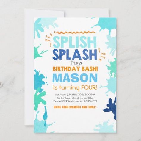 $2.66 | Splish Splash birthday invitation Boy #invitation #birthdayinvitation #summerbirthday #sunshineparty #invitationbirthday #splishsplash #birthdaybash #poolparty #swimsuit #towel #cute #waterbirthday Splish Splash Birthday Bash, Pool Birthday Invitations, Water Birthday, Summer Birthday Invitations, Sunshine Party, Summer Party Invitations, Beach Birthday Party, Pool Birthday, Pool Party Invitations