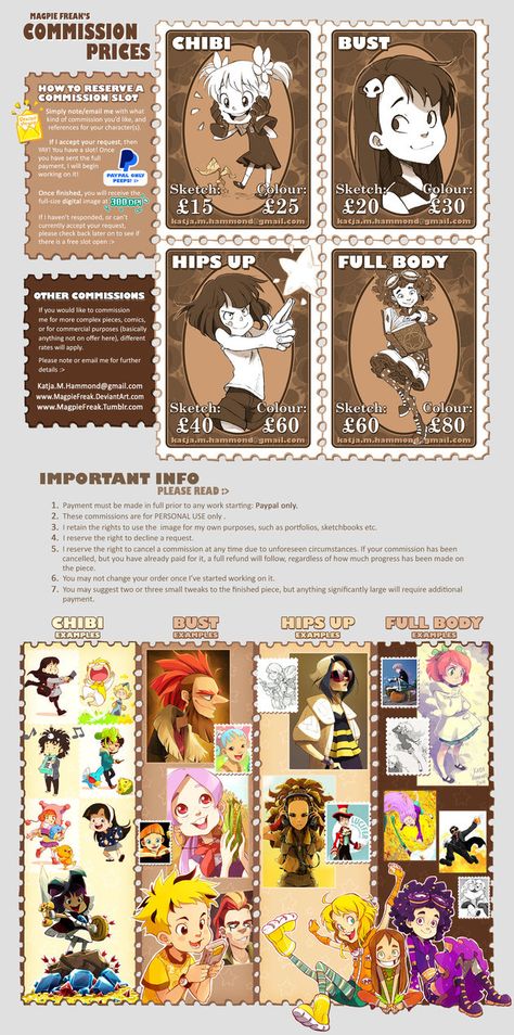 Commission Prices by MagpieFreak on DeviantArt Commissions Open Template, Art Commission Tips, Character Commission Sheet, How To Do Commission Art, Art Commissions Template, Art Comissions Template, Commission Sheet Example, Commission Art Sheet, Commission Art Ideas