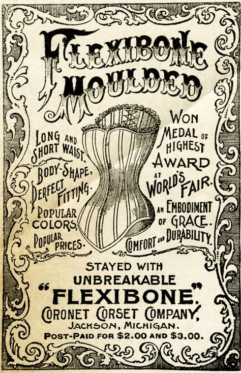 Flexibone Moulded Corset  // Coronet Corset Company, Jackson, Michigan // Victorian advert from the March 1895 issue of The Delineator magazine Victorian Posters, Lettering Examples, French Images, Old Posters, Corsets Vintage, Victorian Corset, Craft Label, Paintings Ideas, Foto Transfer