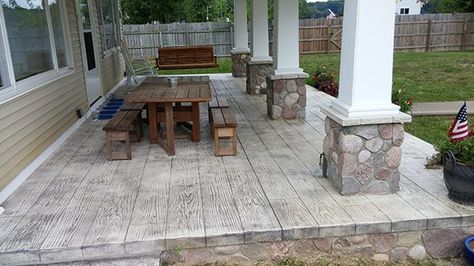 Create Wood Looking Concrete Overlay Outdoor Living Space in 3 Days Stamped Concrete Patio Ideas, Wood Stamped Concrete, Concrete Patio Ideas, Concrete Patio Makeover, Small Outdoor Patios, Acid Stained Concrete, Cement Patio, Concrete Patios, Patio Steps