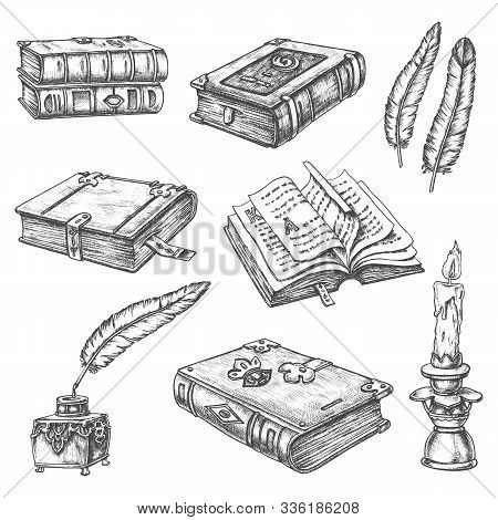 Fantasy Book Drawing, Drawing Ideas Books, Old Book Drawing, Books Drawing Sketches, Books Art Drawing, Ink Quill, Books Vector, Medieval Drawings, Quill And Ink